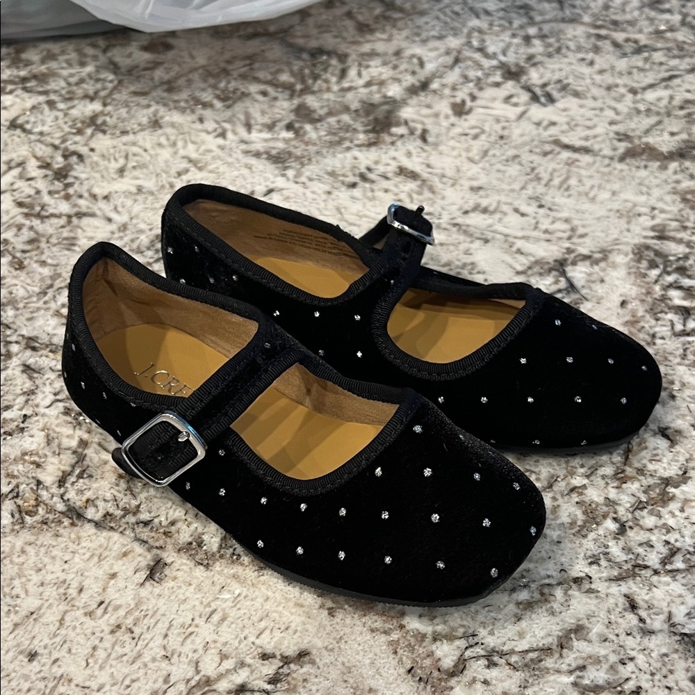New J. Crew Black Velvet Girls Dress Shoes with Silver Dots